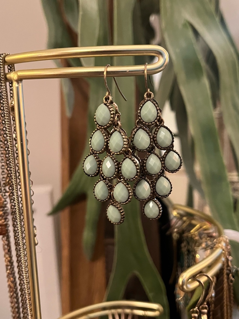 Gold-Tone Mint/Pale Aqua Teardrop Chandelier Earrings